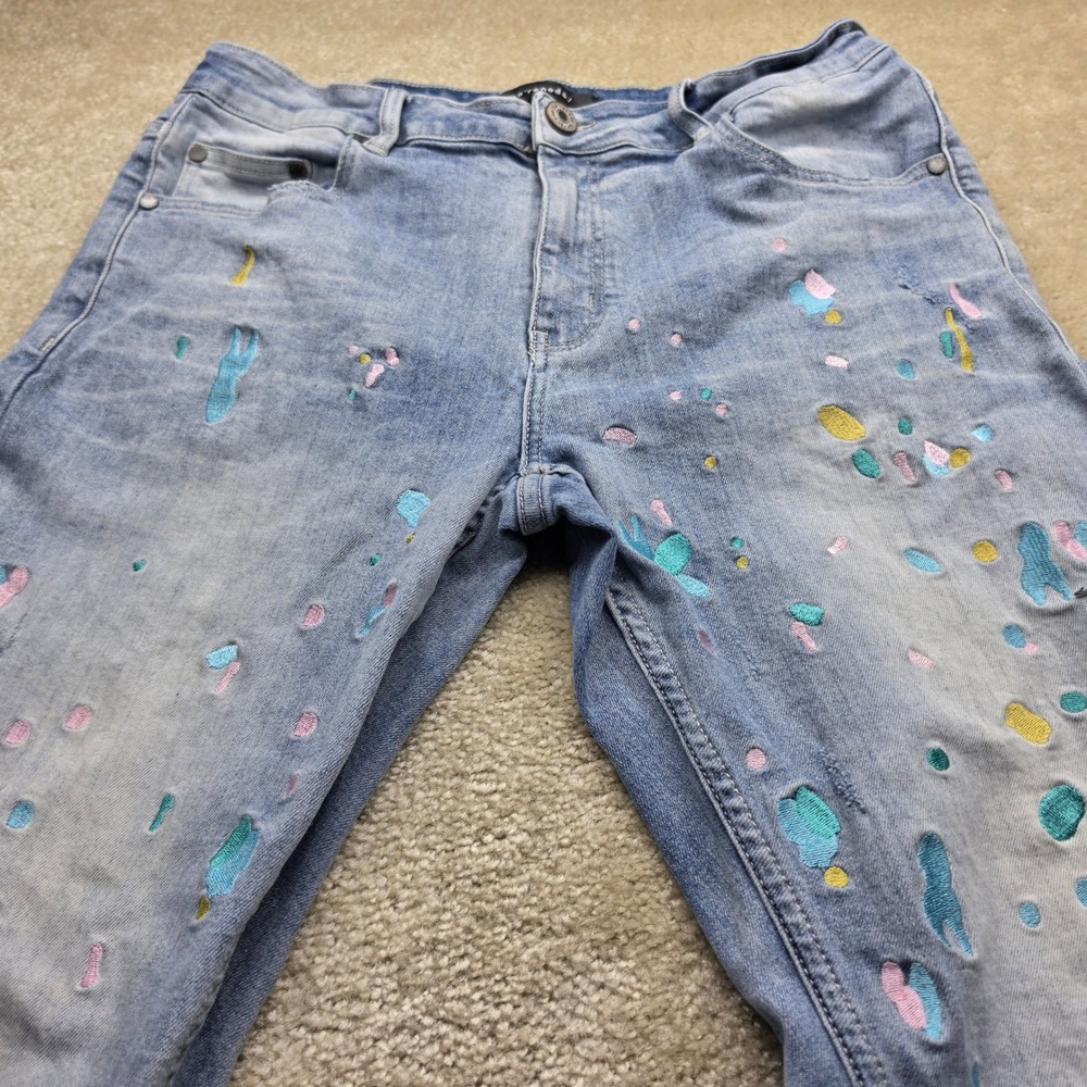 Serenade Mens Light Wash Embroidered Paint Splatter Slim Jeans Size 34 Blue